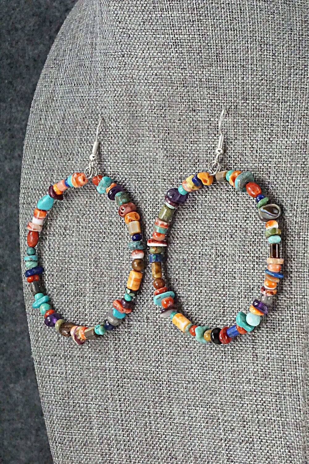 Multi Stone & Sterling Silver Hoop Earrings - Helen Tsosie