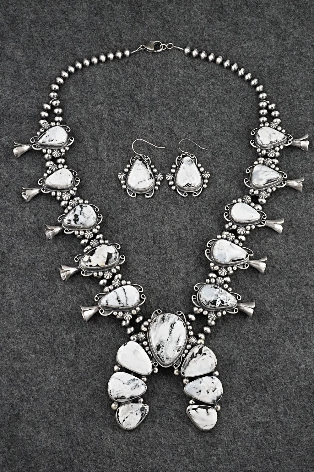 White Buffalo & Sterling Silver Squash Blossom Set - Paul Livingston