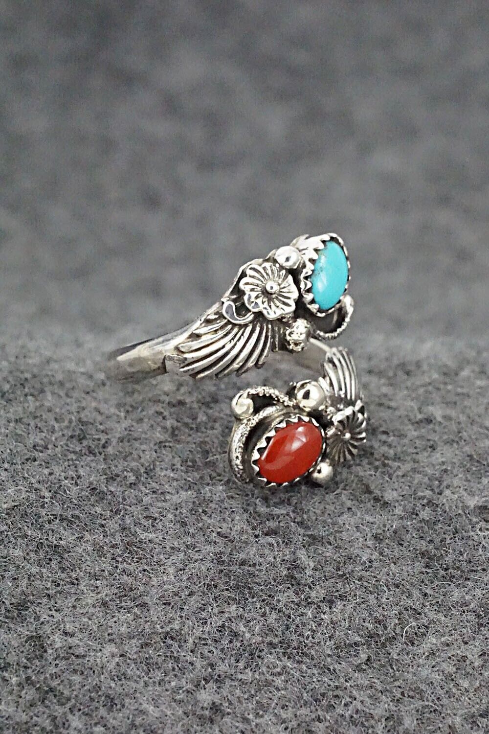 Turquoise, Coral & Sterling Silver Ring - Etta Belin - Size 8