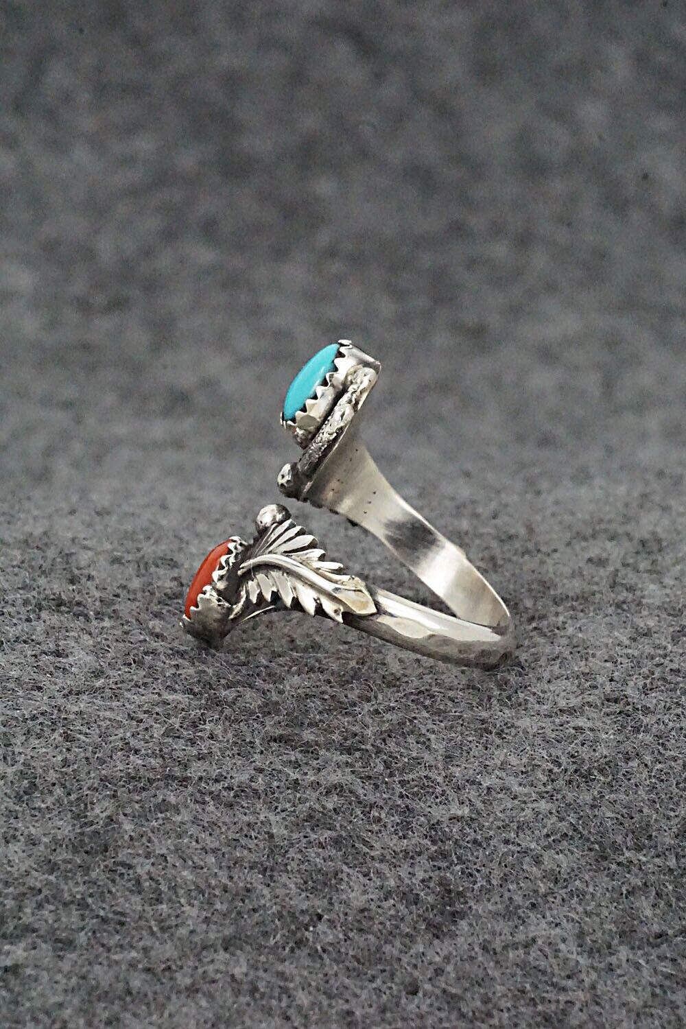 Turquoise, Coral & Sterling Silver Ring - Etta Belin - Size 7