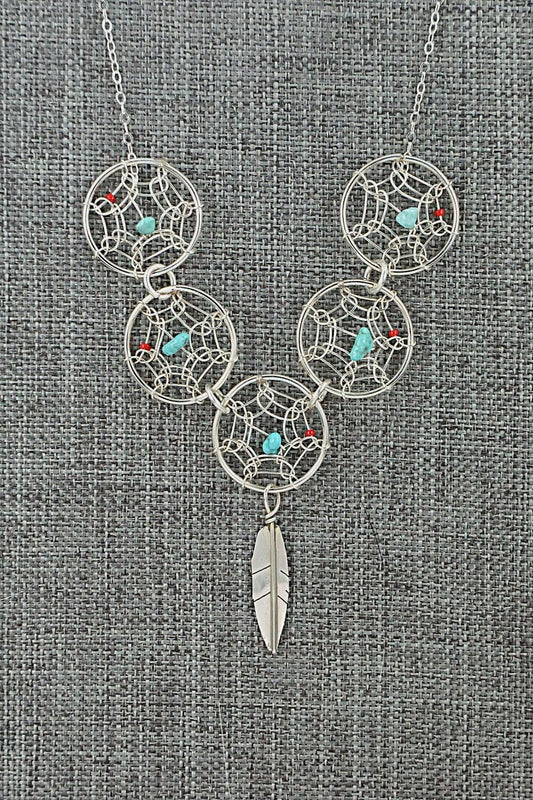 Turquoise, Coral & Sterling Silver Necklace - Lorenzo Arviso Jr.