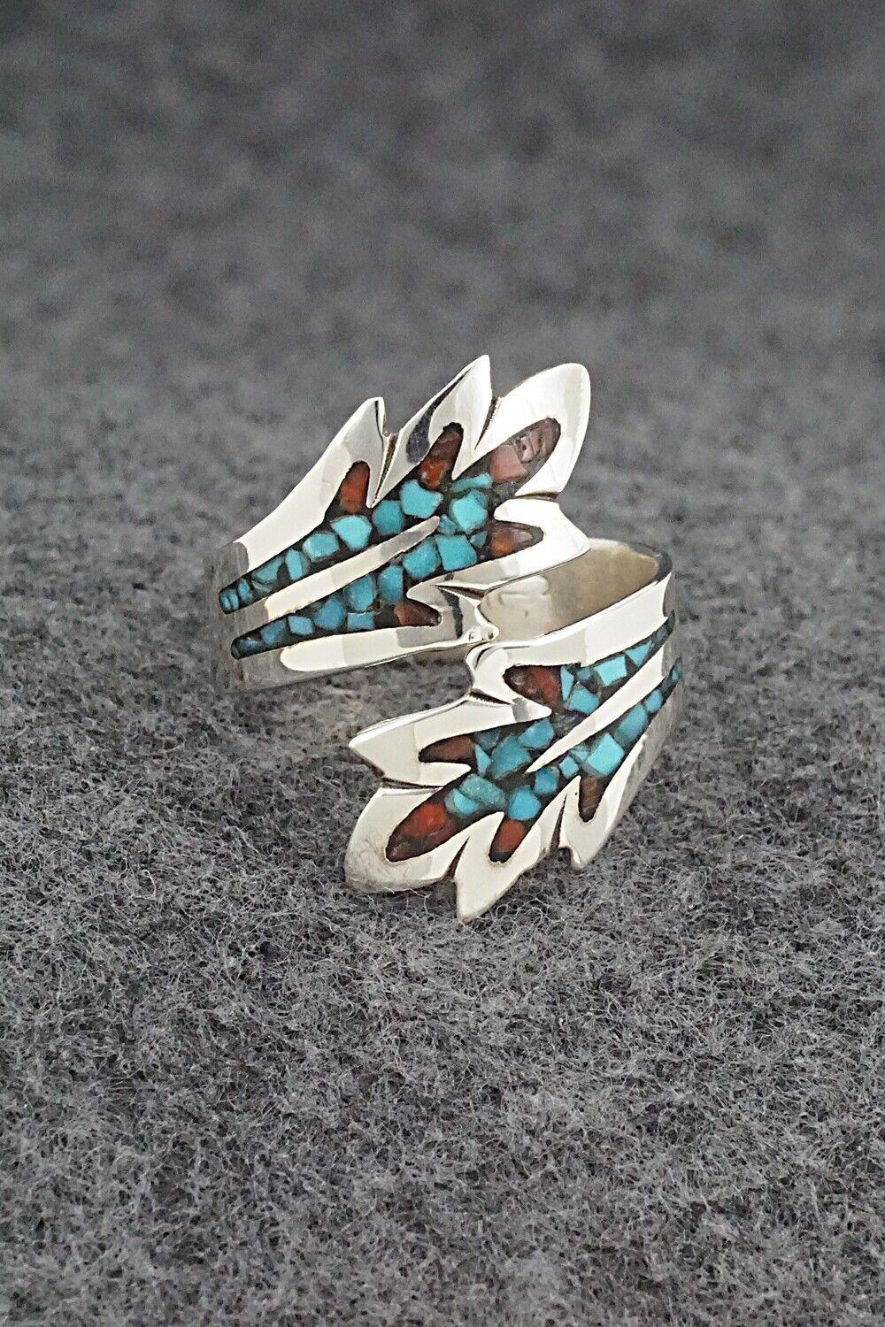 Turquoise, Coral & Sterling Silver Ring - Jolene Yazzie - Size 10