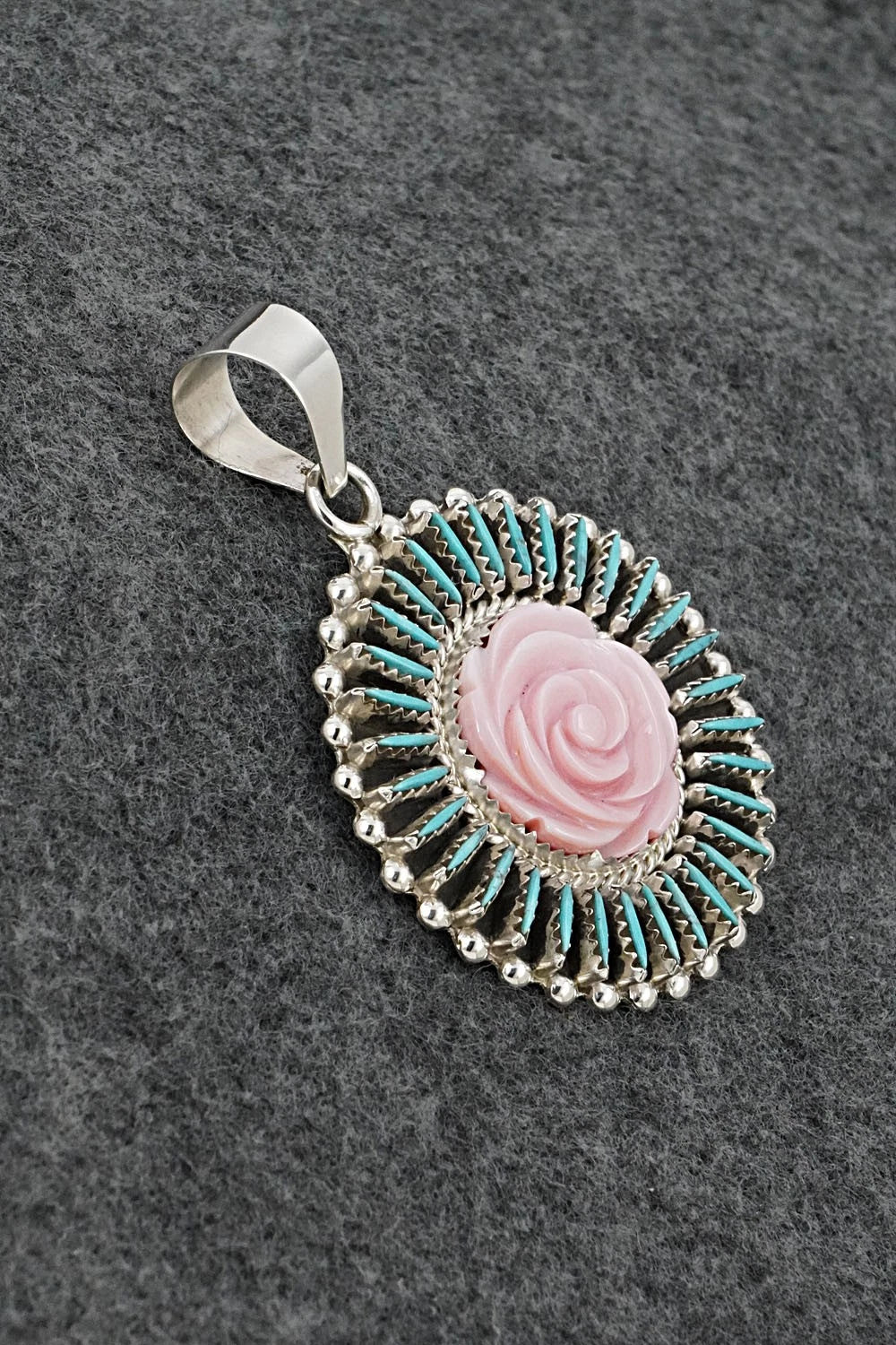 Turquoise, Pink Conch & Sterling Silver Pendant - Roland Francisco