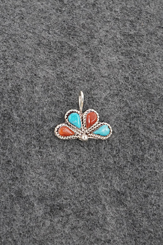 Coral, Turquoise & Sterling Silver Pendant - Huberta Lonjose