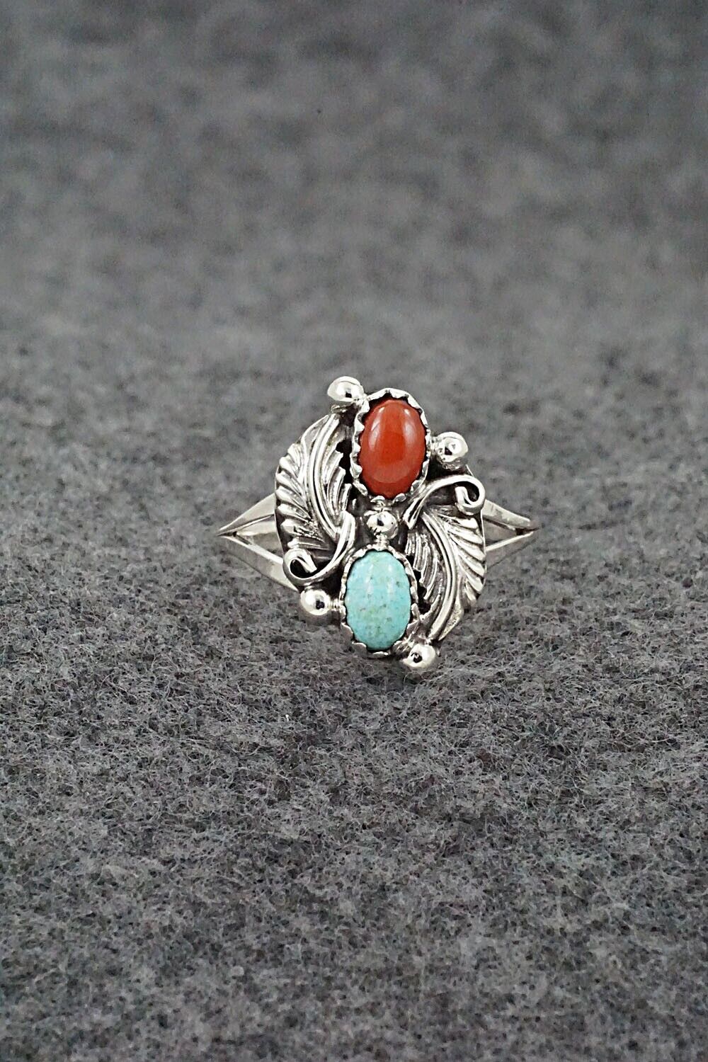 Turquoise, Coral & Sterling Silver Ring - Harris Largo - Size 8.5