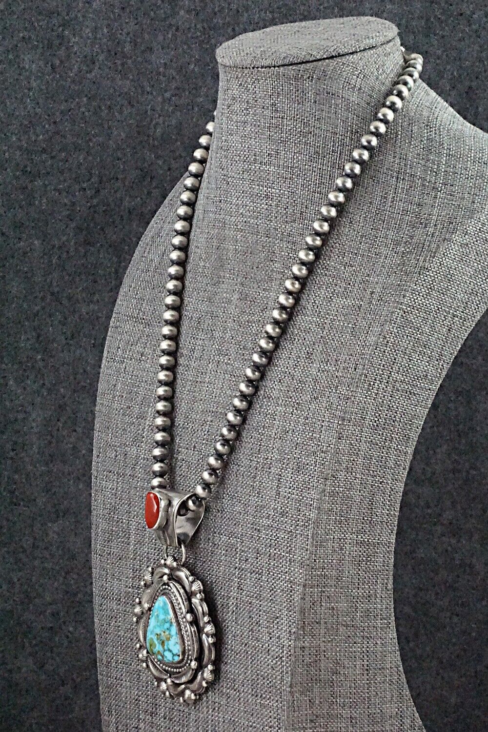 Turquoise, Coral & Sterling Silver Necklace - Tom Lewis