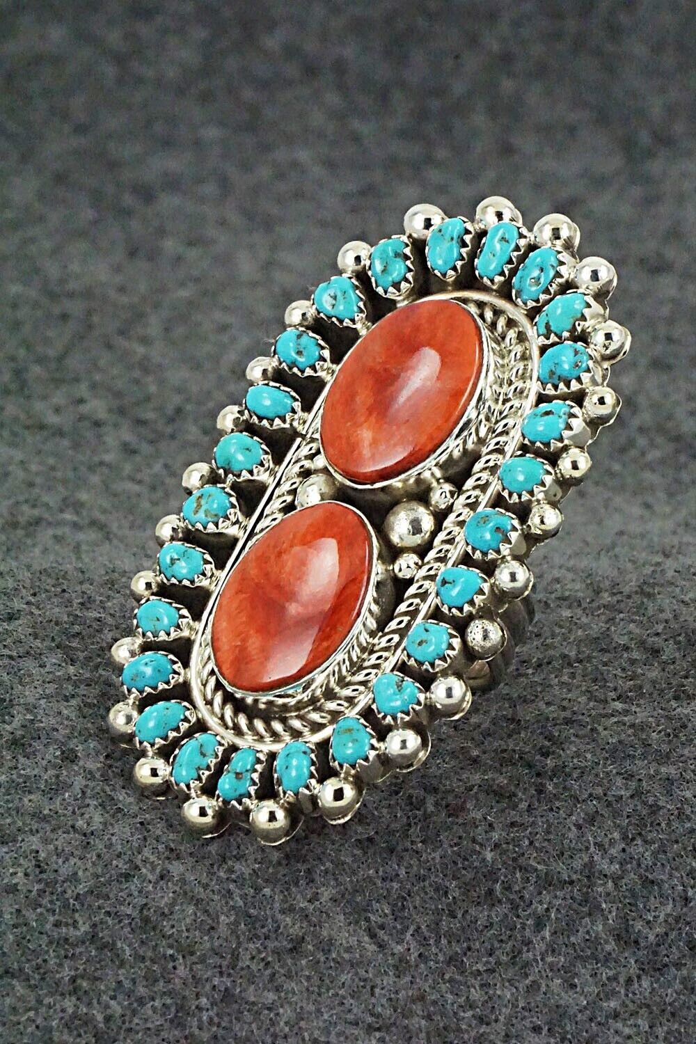 Spiny Oyster, Turquoise & Sterling Silver Ring - Tina Jones - Size 8.5 (Adj)