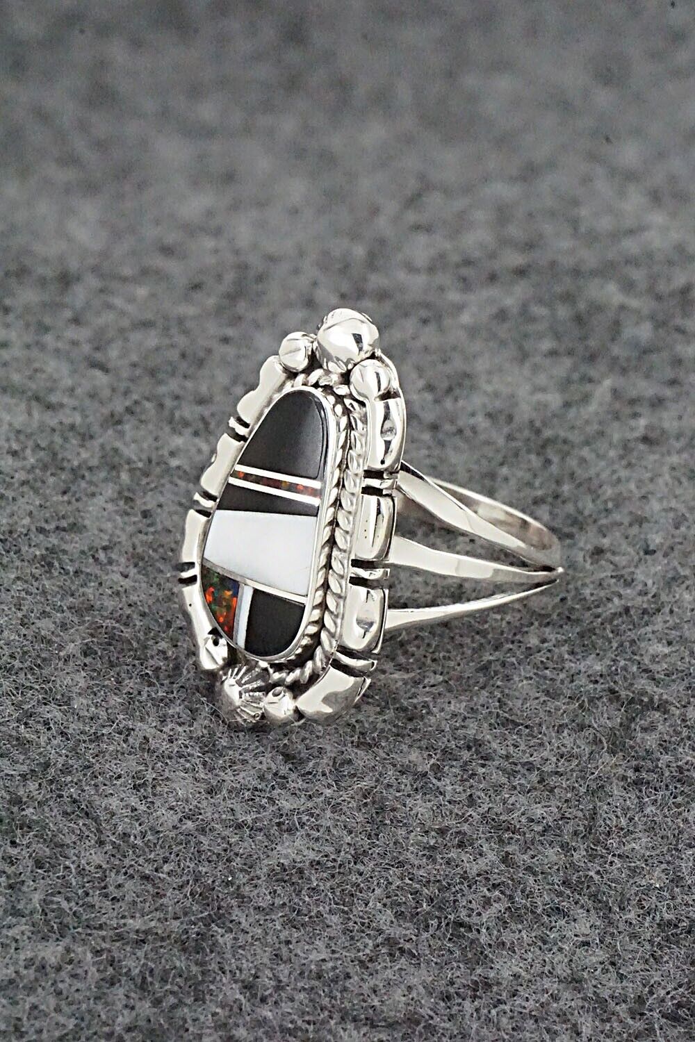 White Buffalo, Onyx, Opalite & Sterling Silver Ring - James Manygoats - Size 8