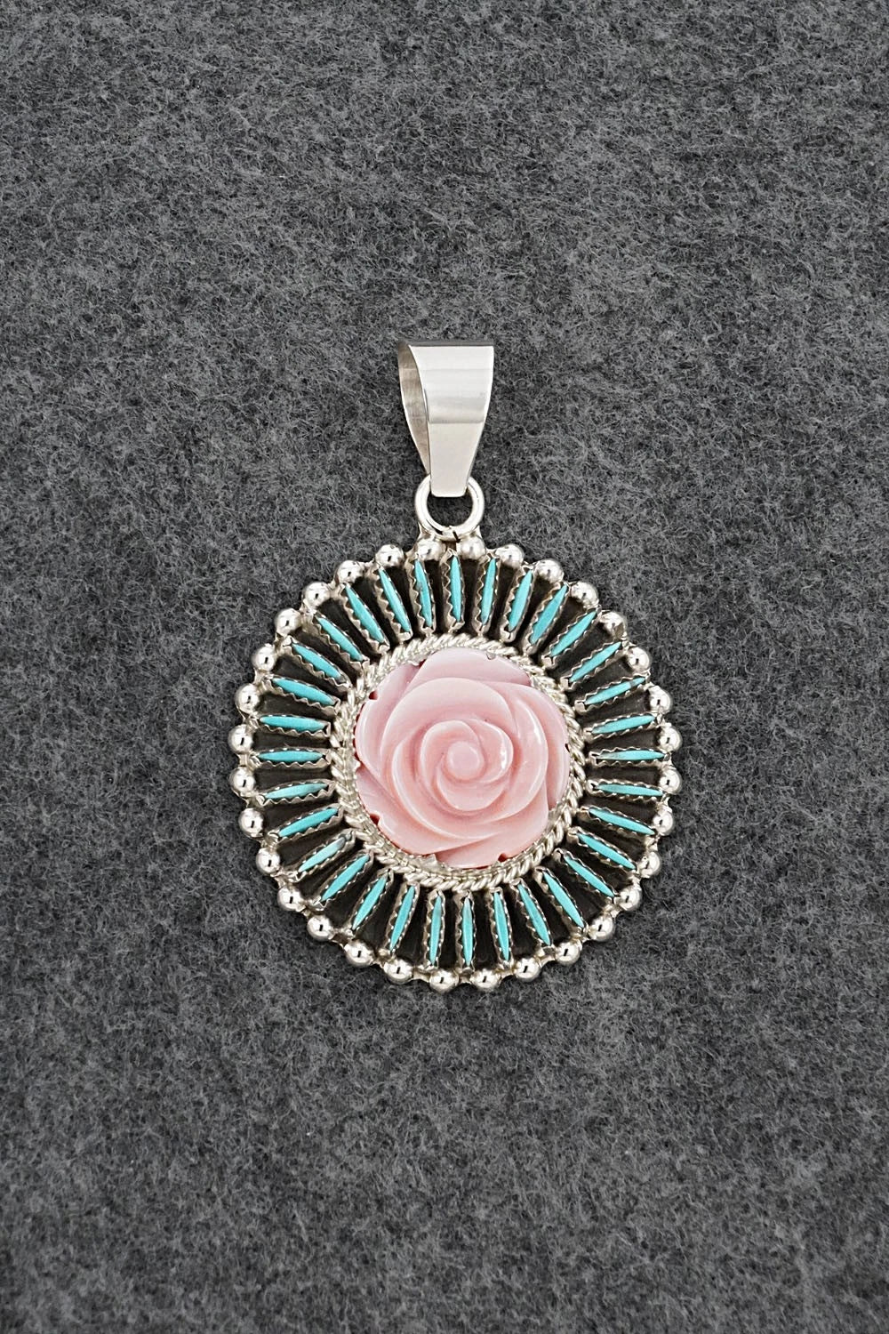 Turquoise, Pink Conch & Sterling Silver Pendant - Roland Francisco