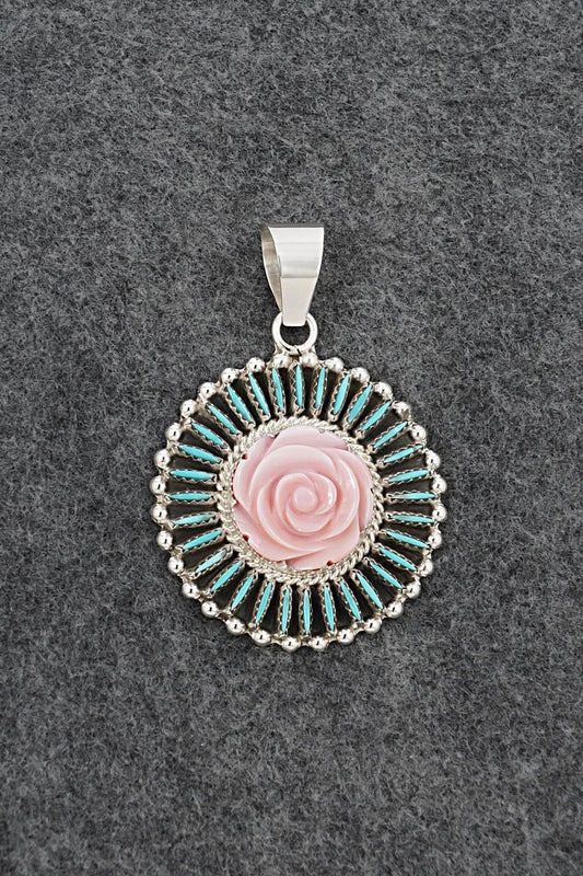 Turquoise, Pink Conch & Sterling Silver Pendant - Roland Francisco