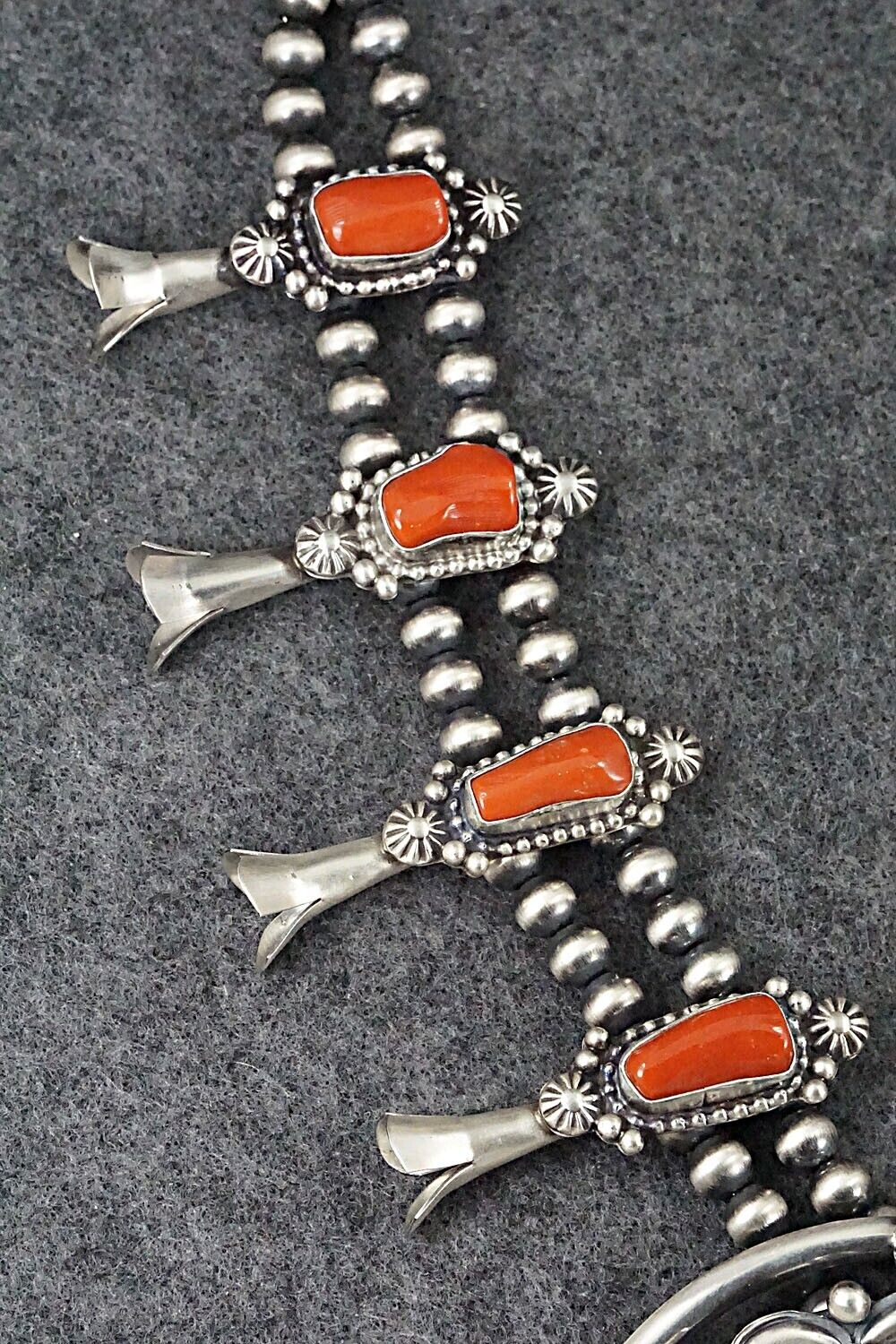 Turquoise, Coral & Sterling Silver Squash Blossom Set - Tom Lewis