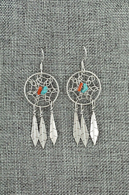 Turquoise, Coral & Sterling Silver Earrings - Lorenzo Arviso Jr.