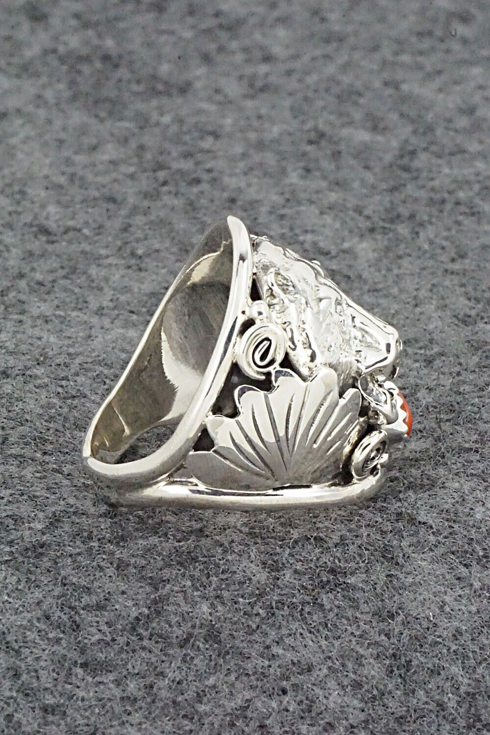 Turquoise, Coral & Sterling Silver Ring - Jeannette Saunders - Size 10.75