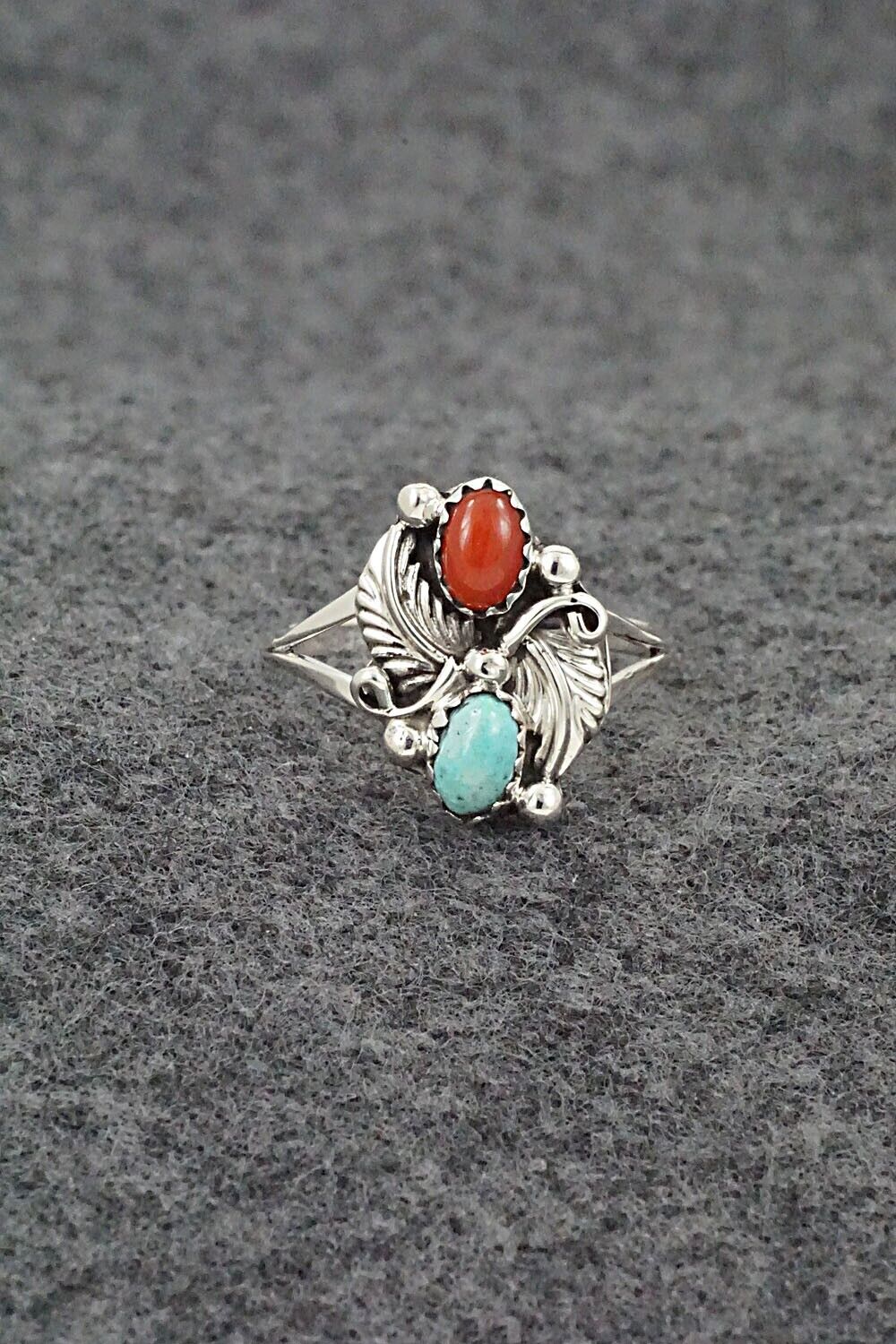 Turquoise, Coral & Sterling Silver Ring - Harris Largo - Size 9