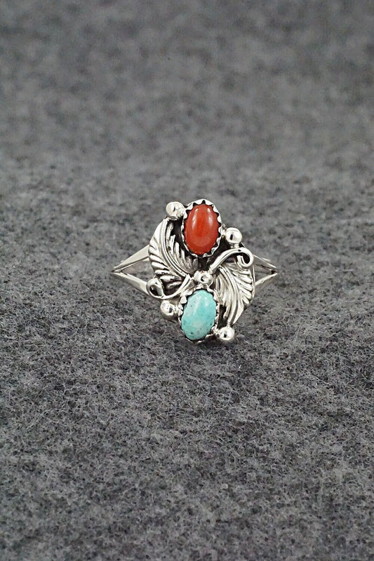 Turquoise, Coral & Sterling Silver Ring - Harris Largo - Size 9