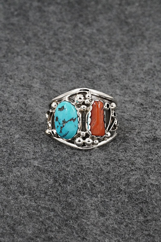 Turquoise, Coral & Sterling Silver Ring - Darrell Morgan - Size 14