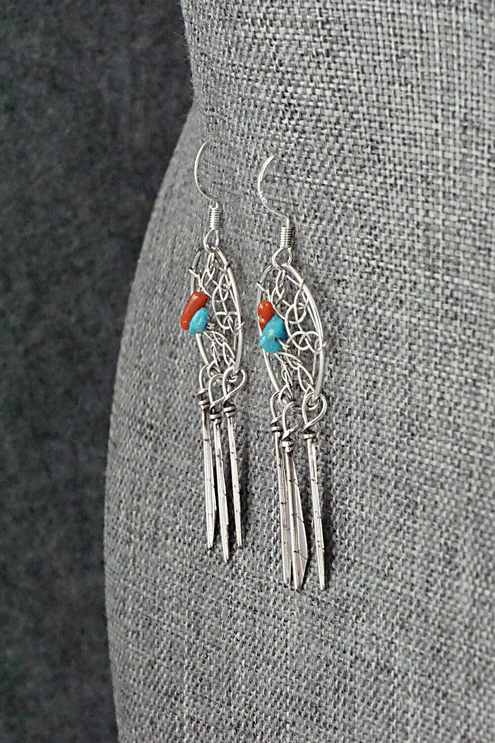 Turquoise, Coral & Sterling Silver Earrings - Lorenzo Arviso Jr.