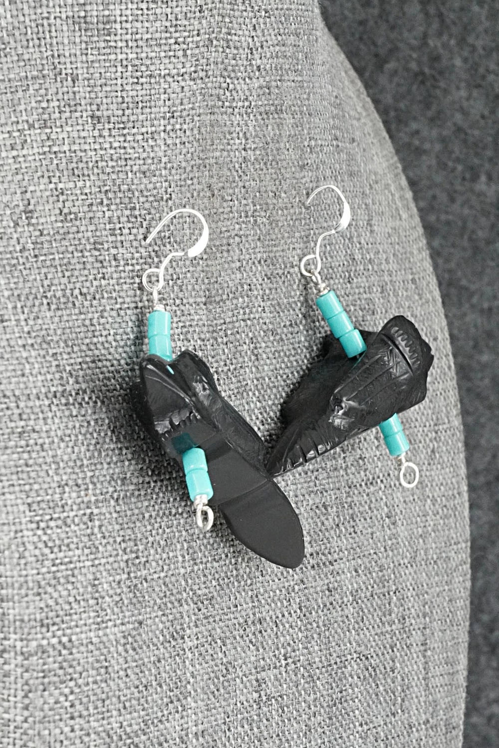 Turquoise, Jet Zuni Fetish & Sterling Silver Earrings - Herbert Halate