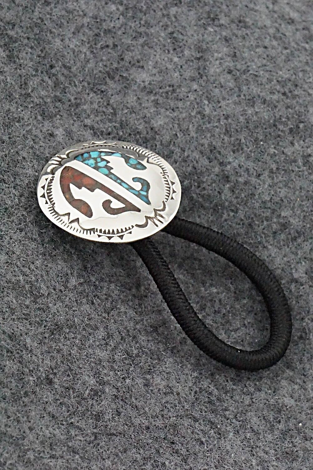 Turquoise, Coral Chip Inlay & Sterling Silver Hair Tie - Joleen Yazzie