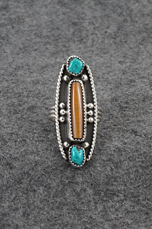 Turquoise, Tiger's Eye & Sterling Silver Ring - Priscilla Reeder - Size 8.5