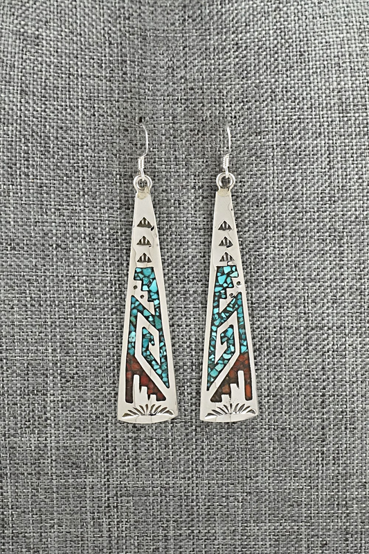 Turquoise, Coral Chip & Sterling Silver Earrings - Joleen Yazzie