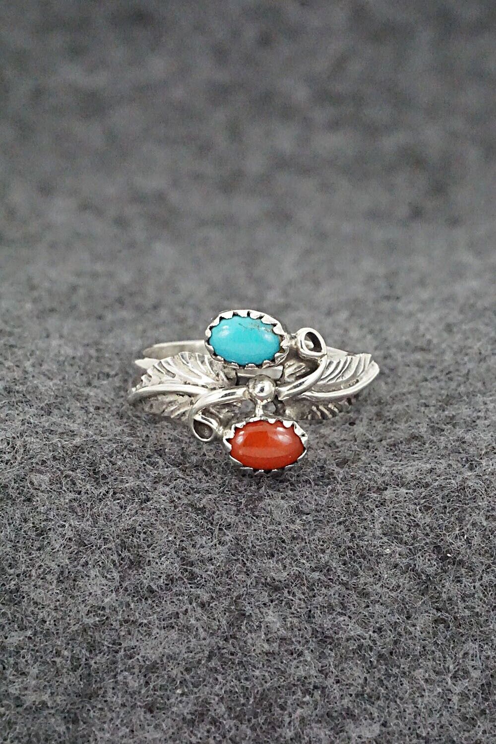 Turquoise, Coral & Sterling Silver Ring - Harry B. Yazzie - Size 7.5