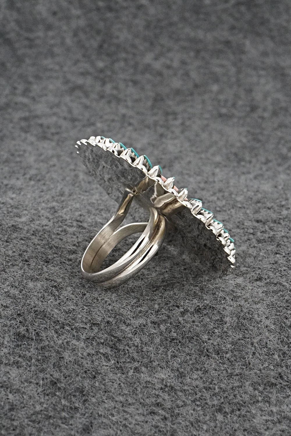 Turquoise, Pink Conch & Sterling Silver Ring - Roland Francisco - Size Adj.