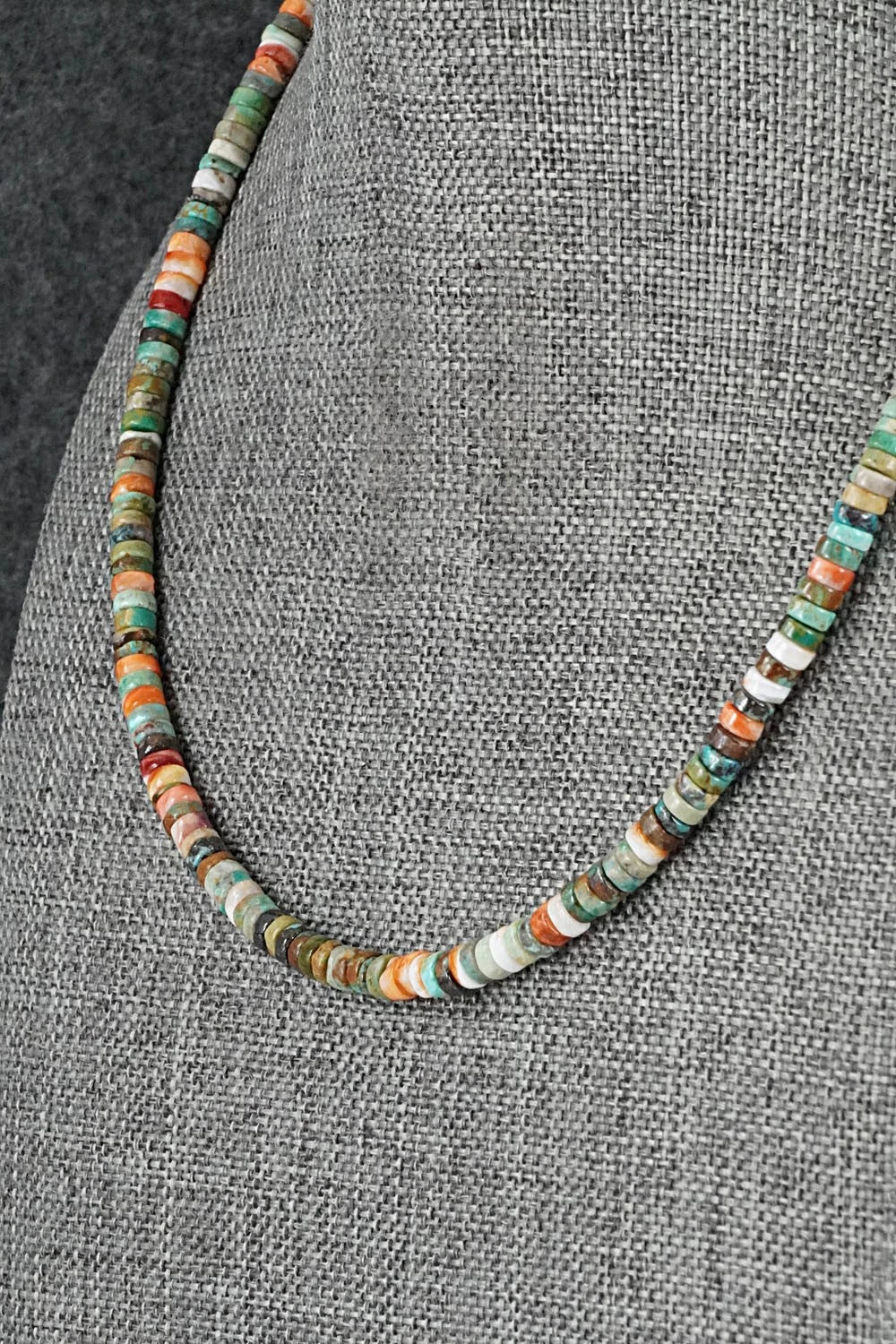 Turquoise, Spiny Oyster & Sterling Silver Necklace 17" - Doreen Jake