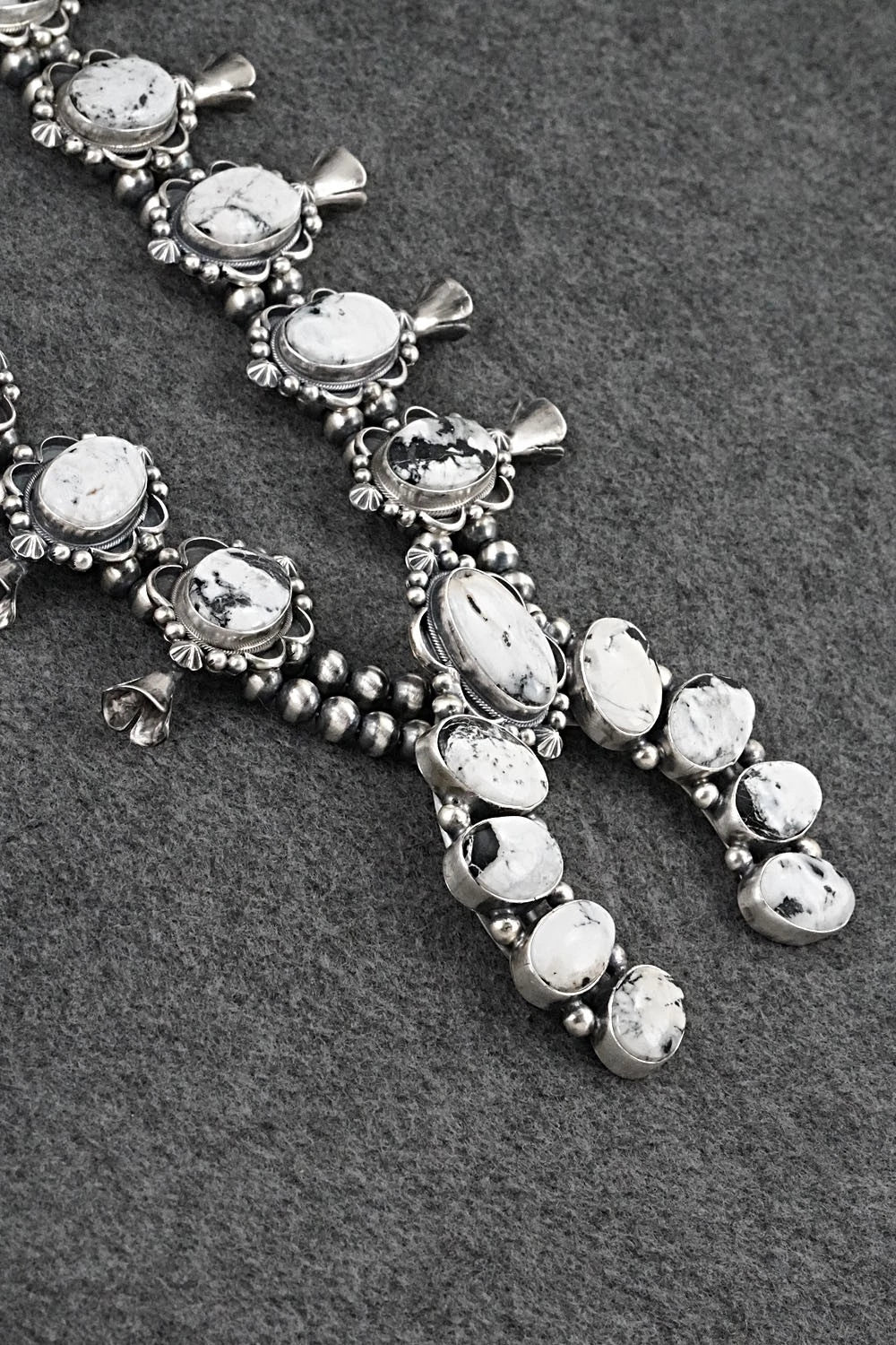 White Buffalo & Sterling Silver Squash Blossom Set - Paul Livingston