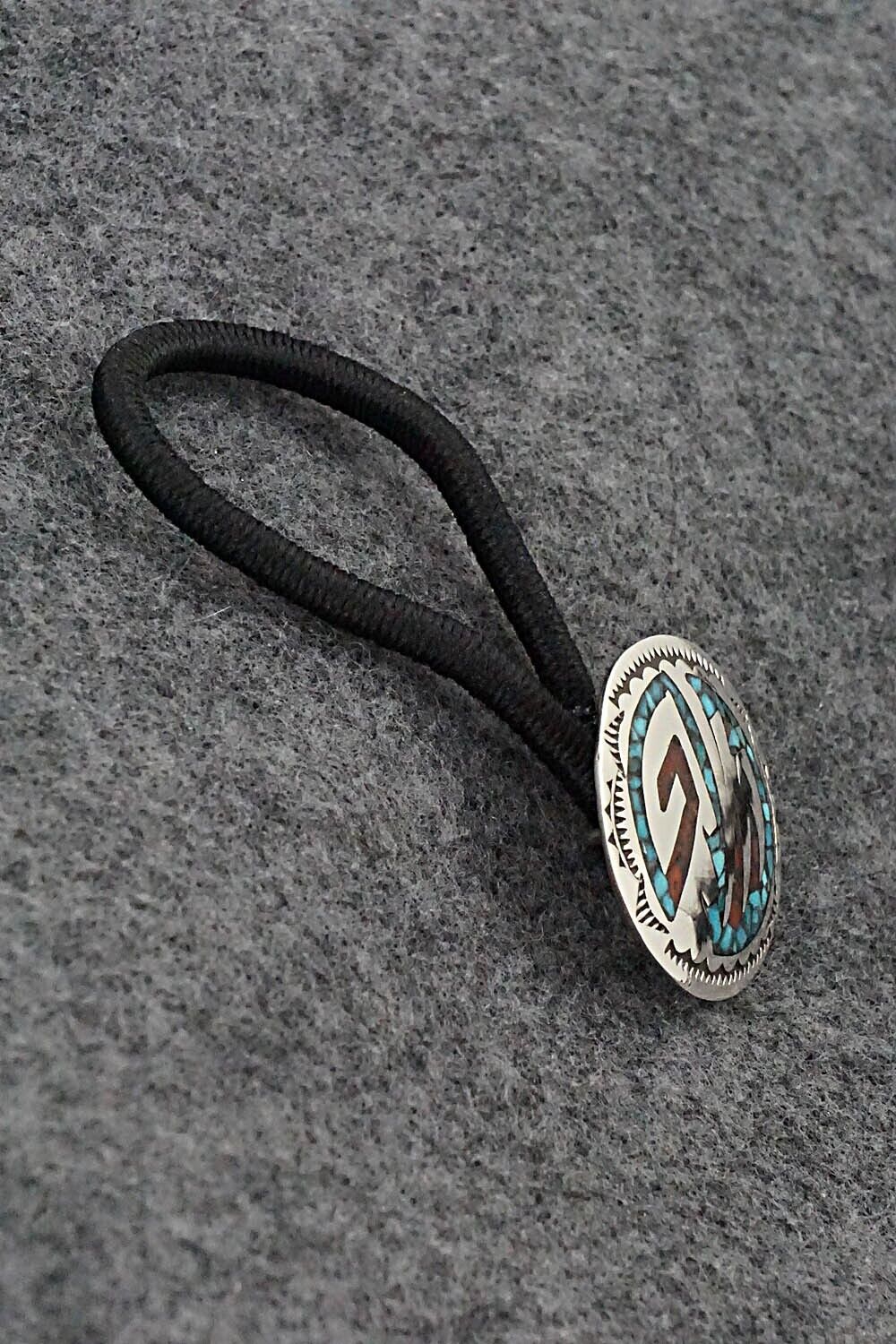 Turquoise, Coral Chip Inlay & Sterling Silver Hair Tie - Joleen Yazzie