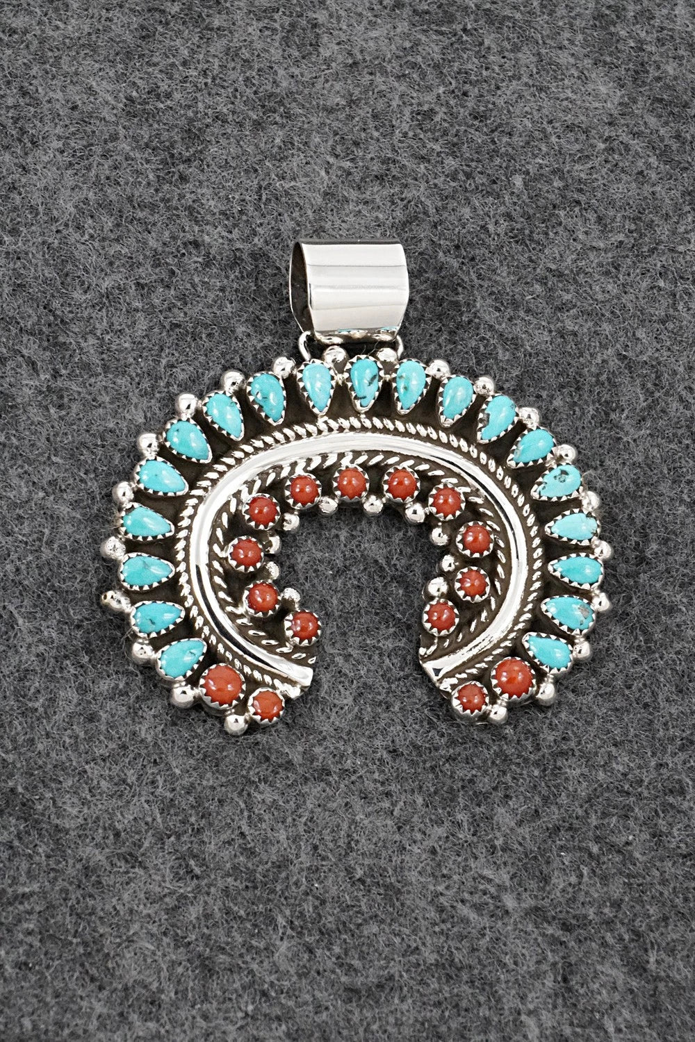 Turquoise, Coral & Sterling Silver Pendant - Leroy Kee
