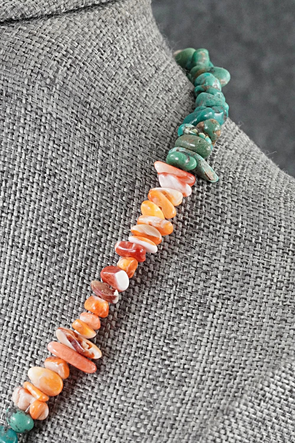 Turquoise, Spiny Oyster & Sterling Silver Necklace 17" - Doreen Jake