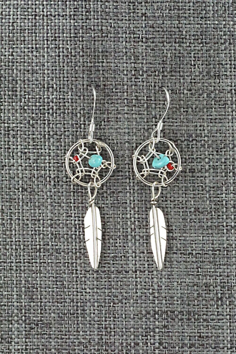 Turquoise, Coral & Sterling Silver Earrings - Lorenzo Arviso Jr.