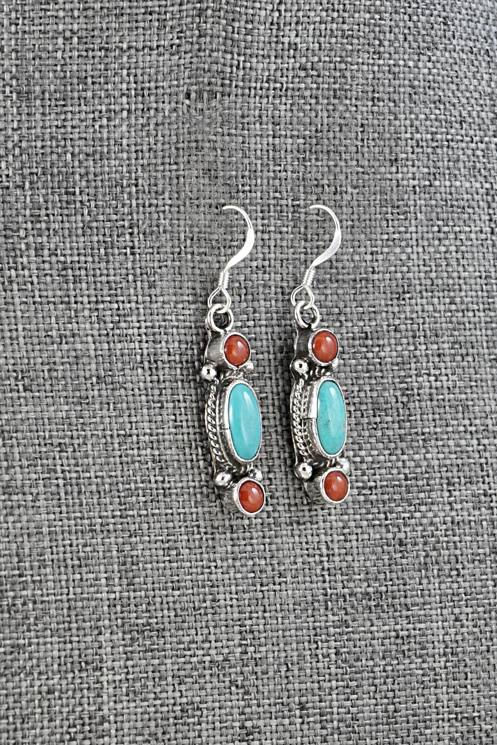 Turquoise, Coral & Sterling Silver Earrings - Verley Betone