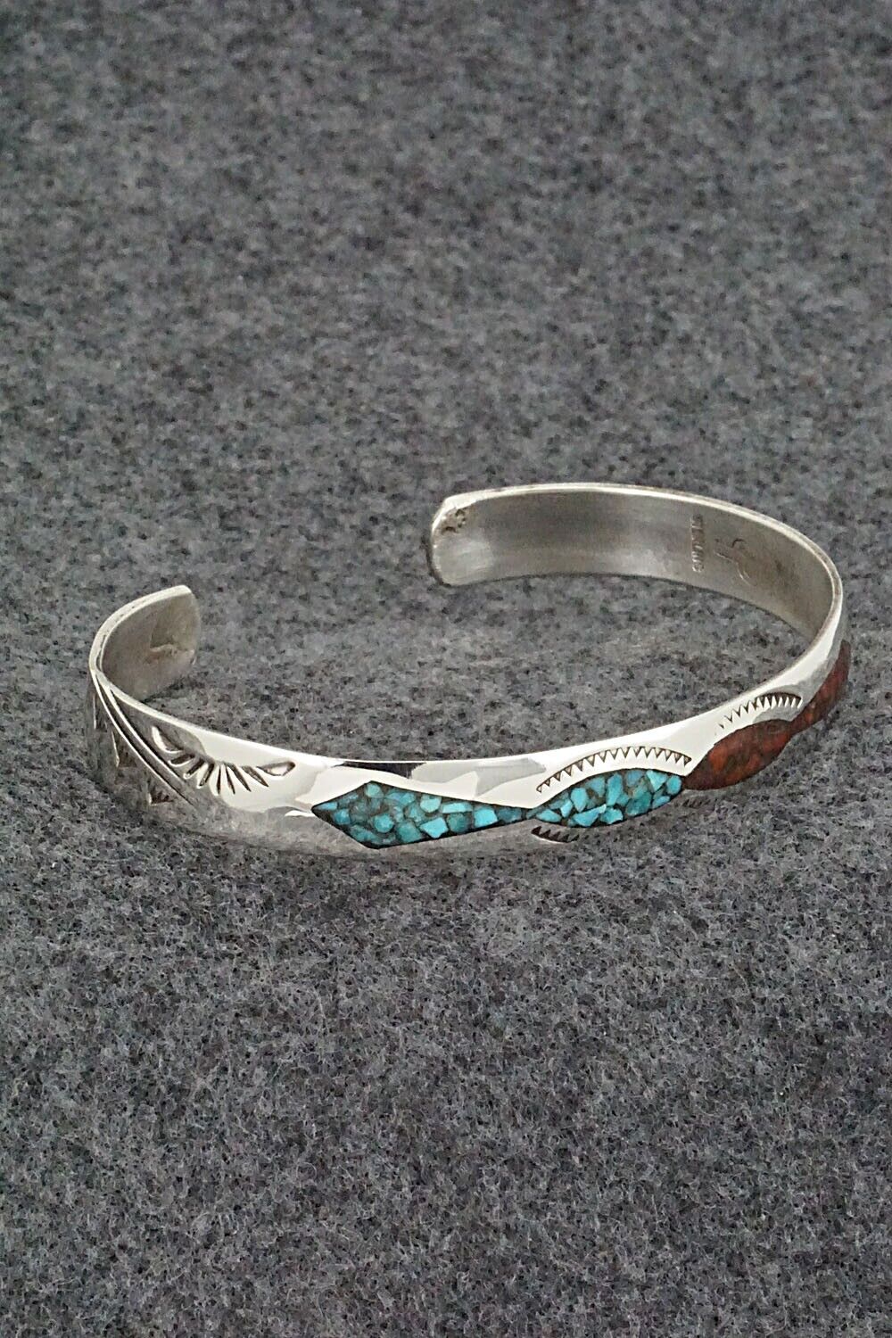 Turquoise, Coral Chip Inlay & Sterling Silver Bracelet - Joleen Yazzie