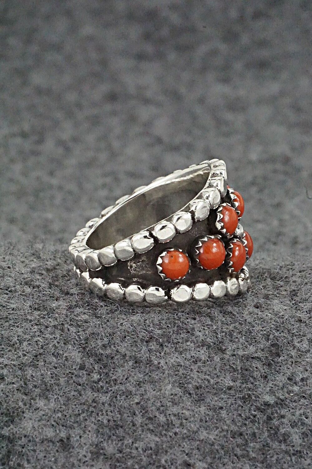 Coral & Sterling Silver Ring - Kenny Lonjose - Size 7