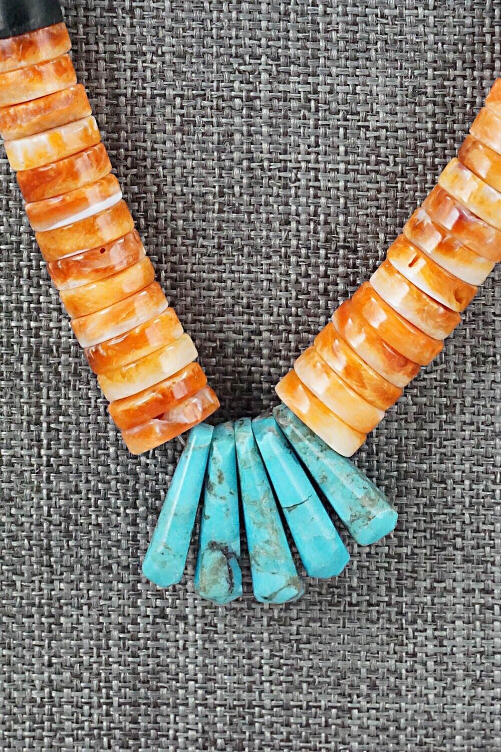 Turquoise, Spiny Oyster, Onyx & Sterling Silver Necklace - Lupe Lovato