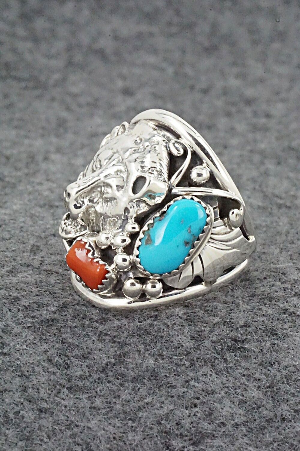 Turquoise, Coral & Sterling Silver Ring - Jeannette Saunders - Size 10.75