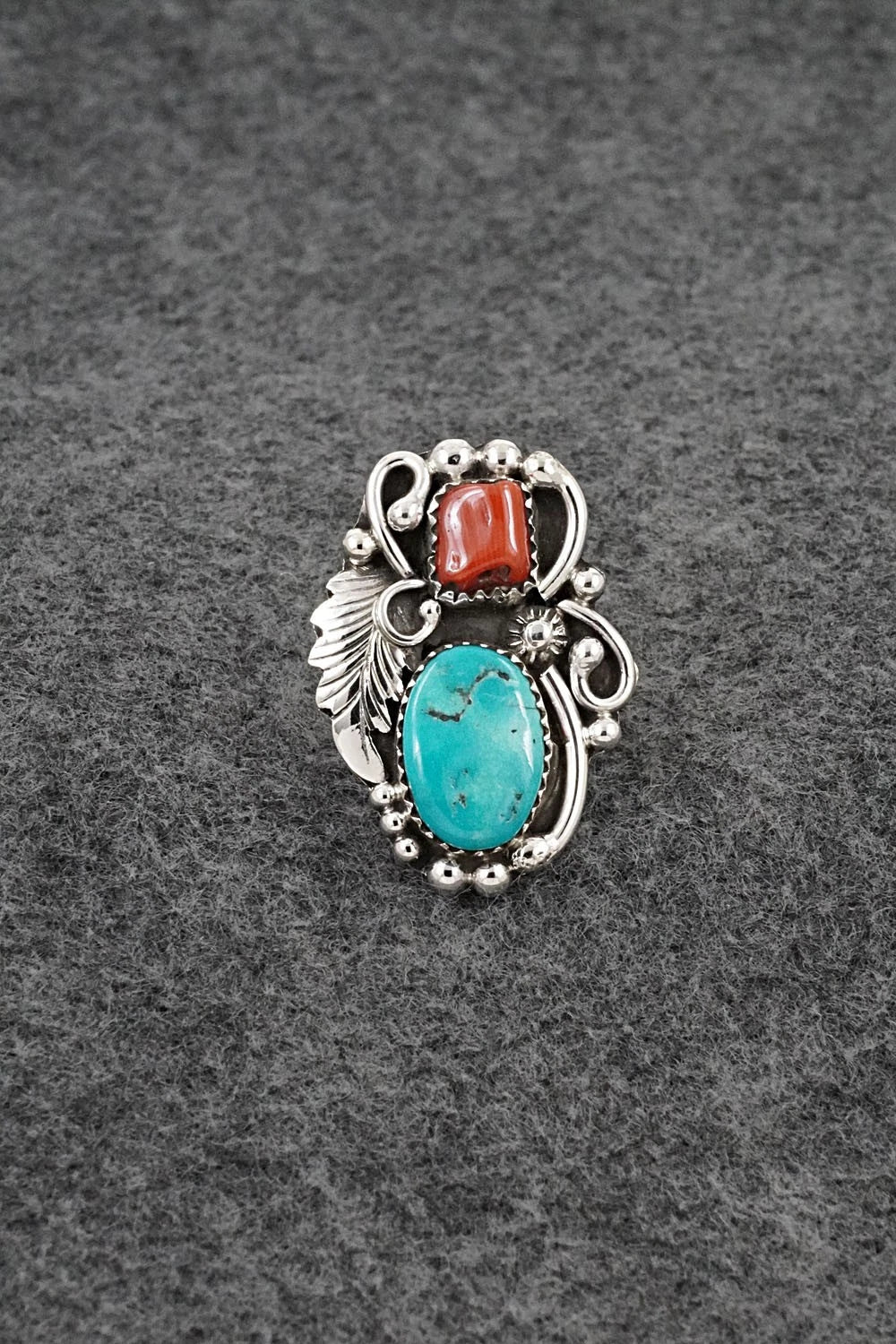 Turquoise, Coral & Sterling Silver Ring - Herbert Begaye - Size 6.5