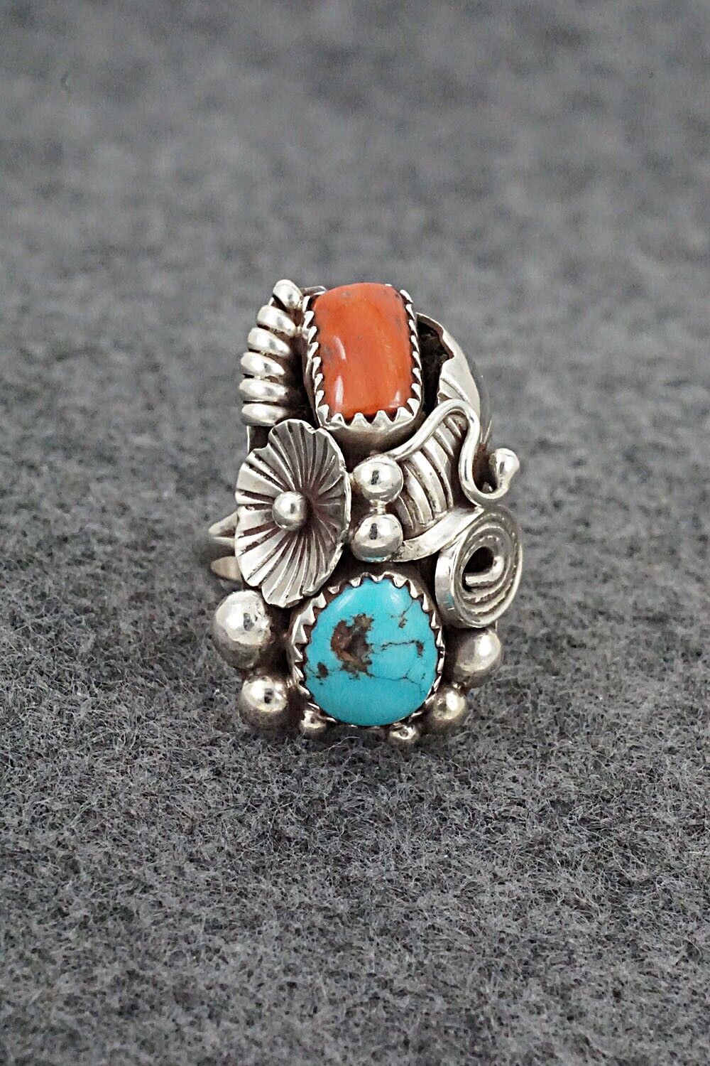 Turquoise, Coral & Sterling Silver Ring - Max Calladitto - Size 5