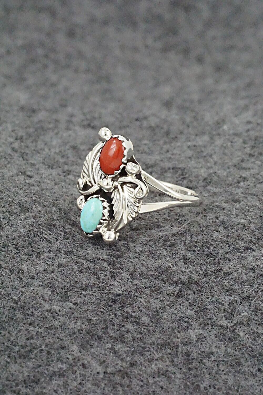 Turquoise, Coral & Sterling Silver Ring - Harris Largo - Size 6.25