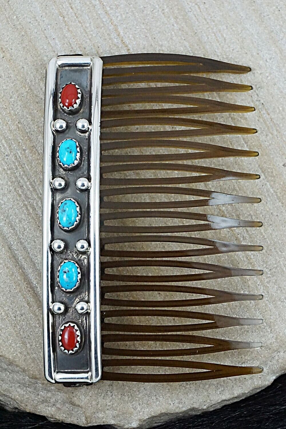 Turquoise, Coral & Sterling Silver Hair Combs - Paul Largo