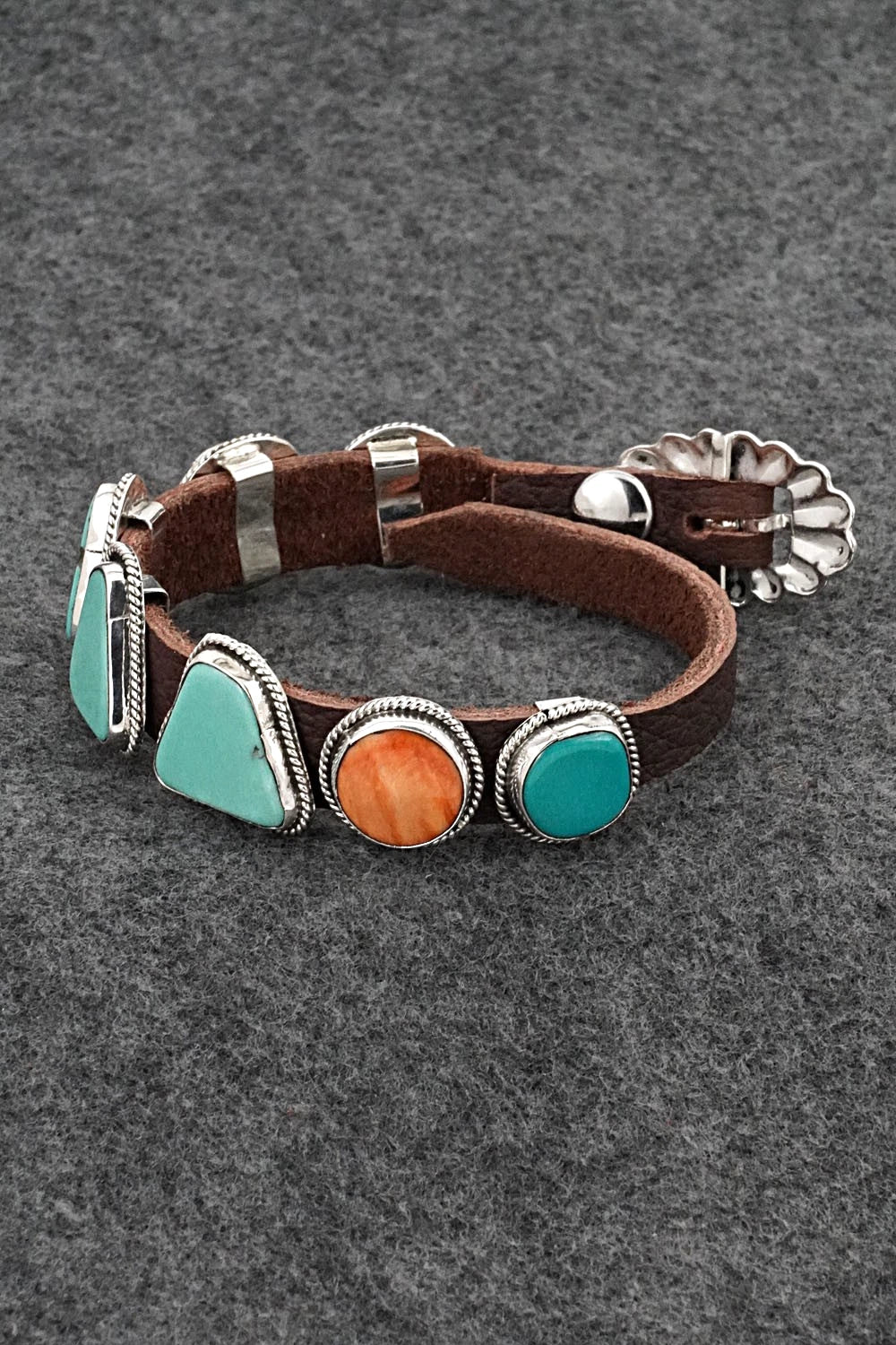 Turquoise, Spiny Oyster, Sterling Silver & Leather Bracelet - Marlene Ramone