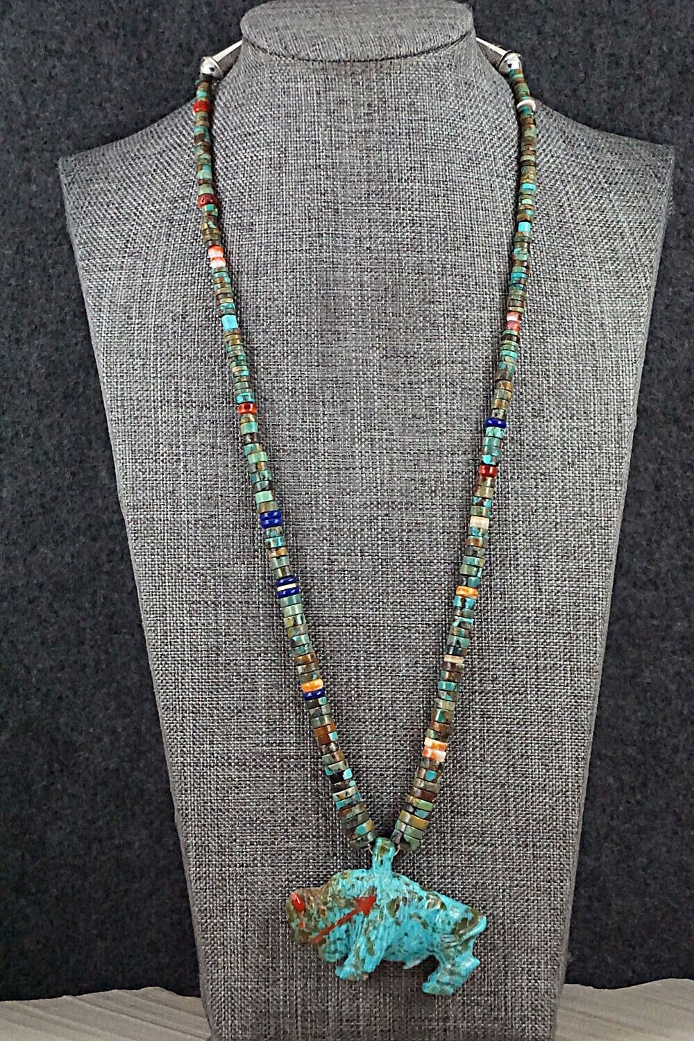 Multi Stone Buffalo Zuni Fetish Carving Beaded Necklace - Andres Quandelacy