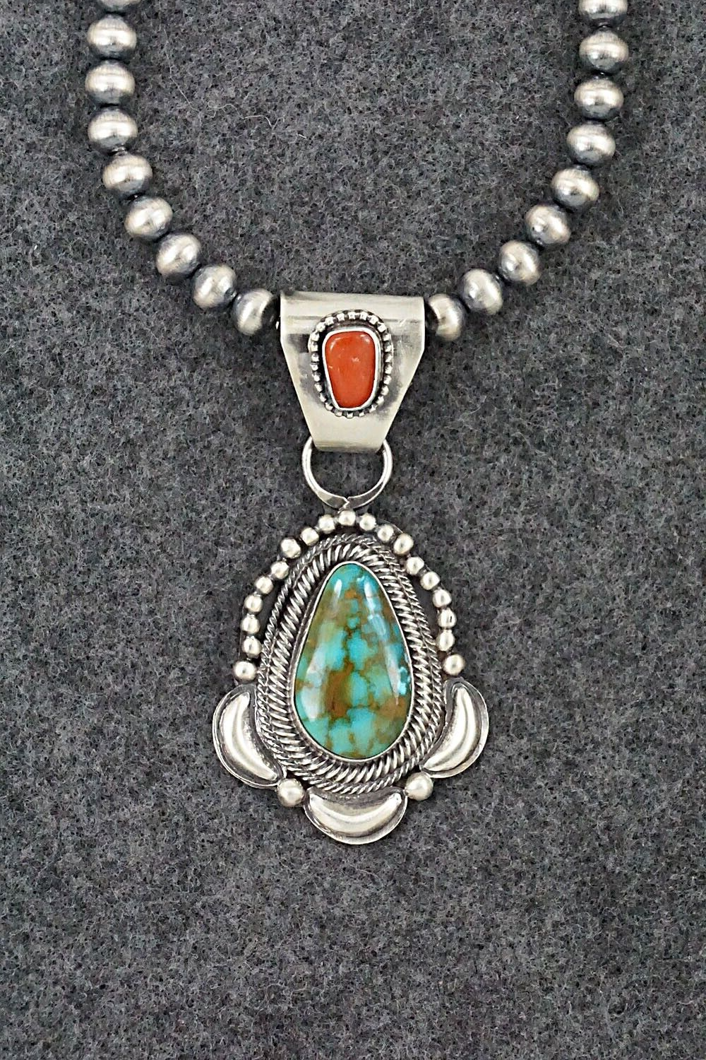 Turquoise, Coral & Sterling Silver Necklace - Tom Lewis
