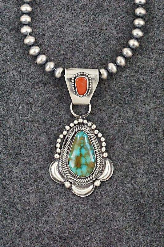 Turquoise, Coral & Sterling Silver Necklace - Tom Lewis