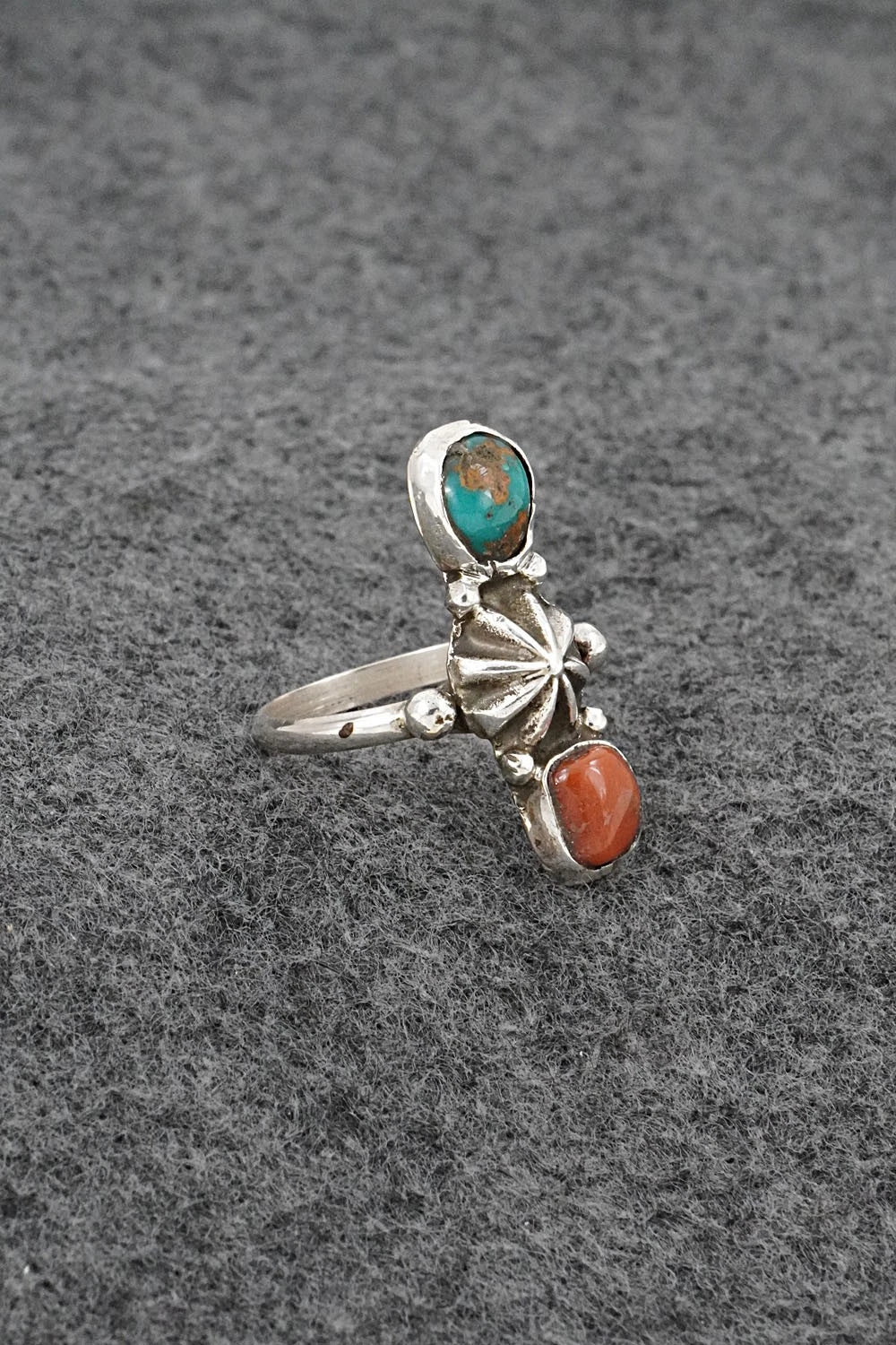 Turquoise, Coral & Sterling Silver Ring - Priscilla Reeder - Size 8