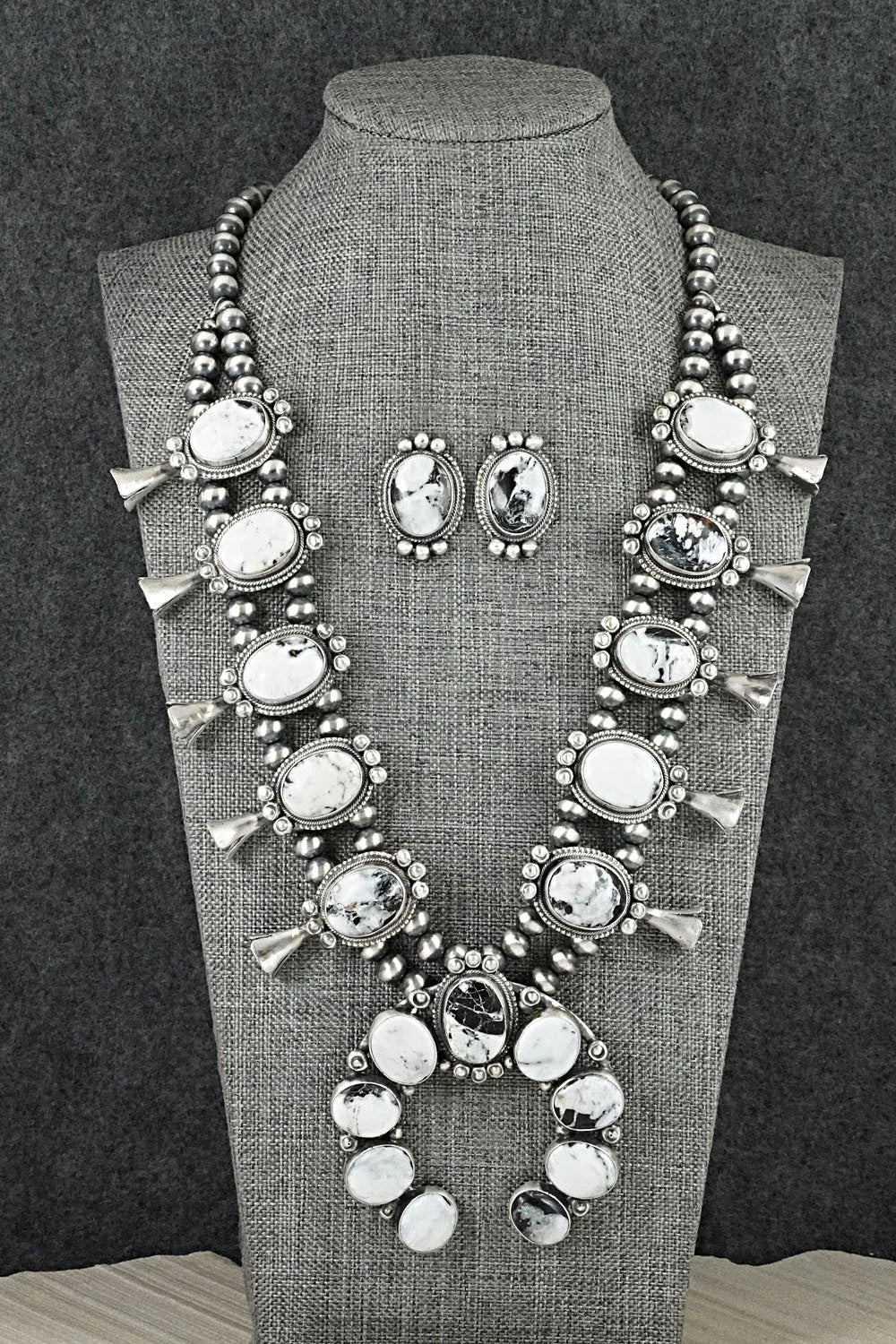 White Buffalo & Sterling Silver Squash Blossom Set - Darrin Livingston