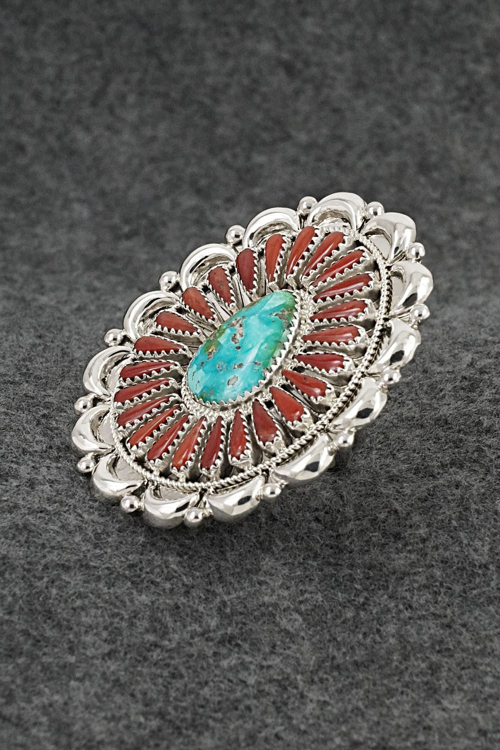 Turquoise, Coral & Sterling Silver Ring - Kyle Wilson - Size 7 Adjustable