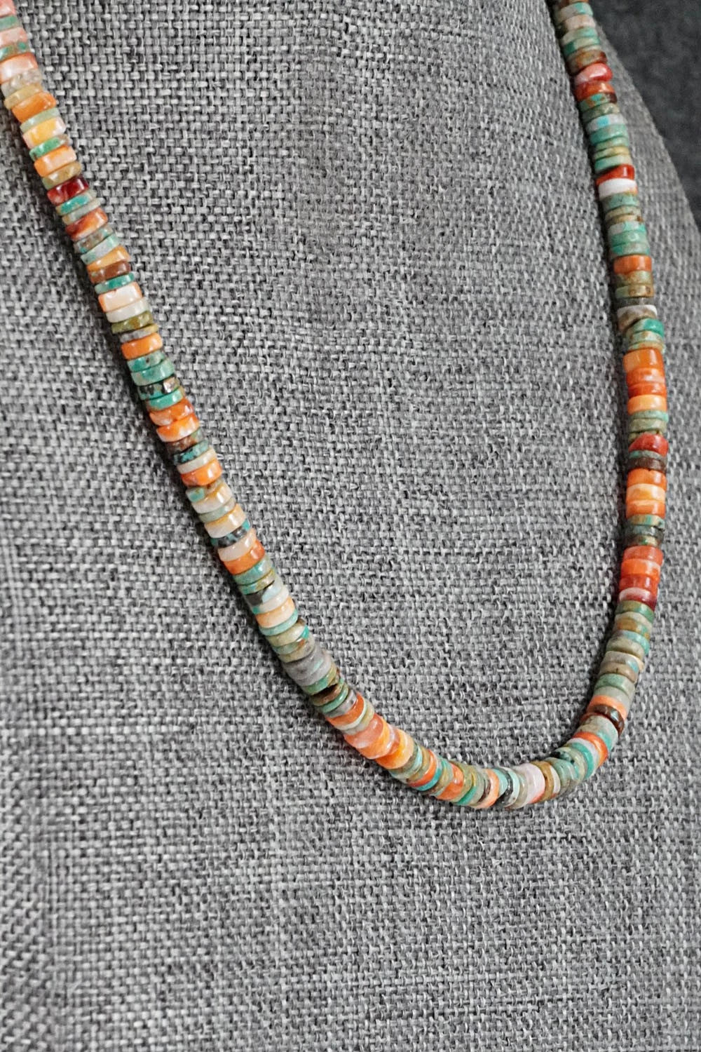 Turquoise, Spiny Oyster & Sterling Silver Necklace 17" - Doreen Jake